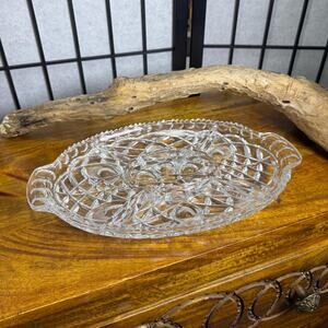 Vintage Cut Crystal Divided Serving Tray Mid Century Platter Condiment Dish